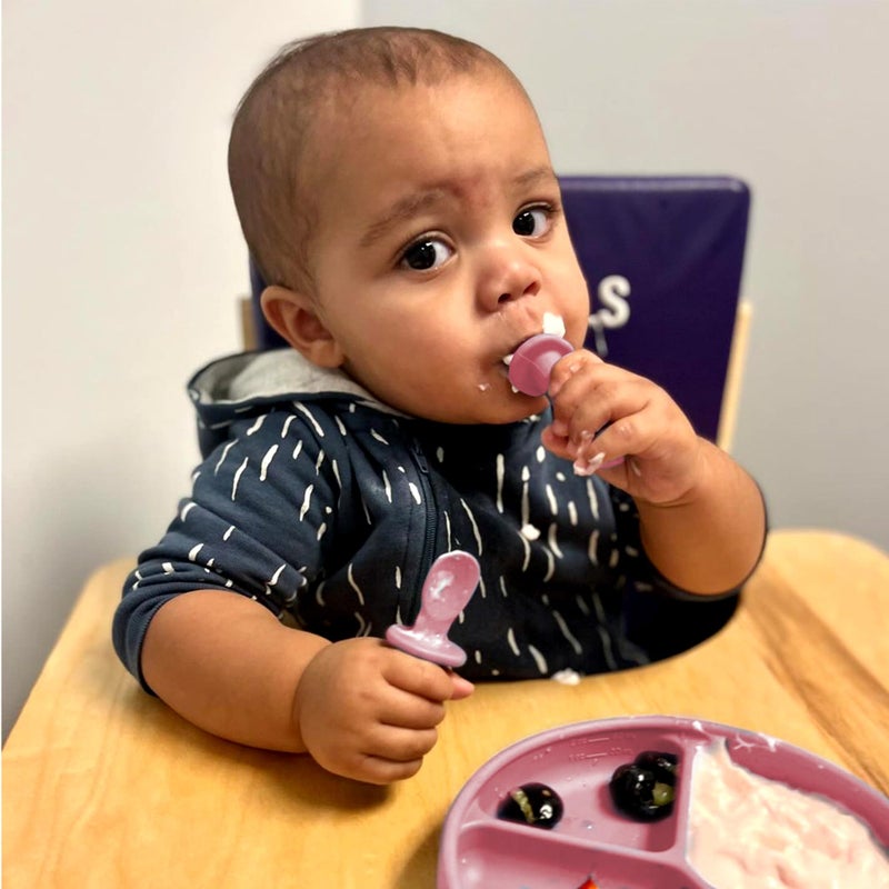 TalkTools ITSY Tiny Silicone Spoons - Twin Pack Soft Silicone Self-Feeding Training Spoons for Kids & Toddlers, Anti-Choking Flange Guard and Non-Slip Handle (Bubblegum) - Image 5