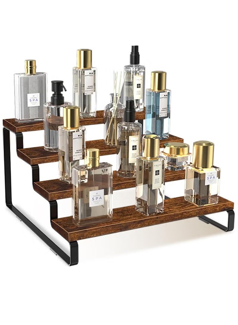 إلفسا قاعدة عرض خشبية، حامل عطر من 4 طبقات، منظم عطر طبقي للرجال، منظم رف التوابل، رف عرض للعطور، الحفلات، المكياج، التوابل، مجموعة الشخصيات والدمى. - Image 1