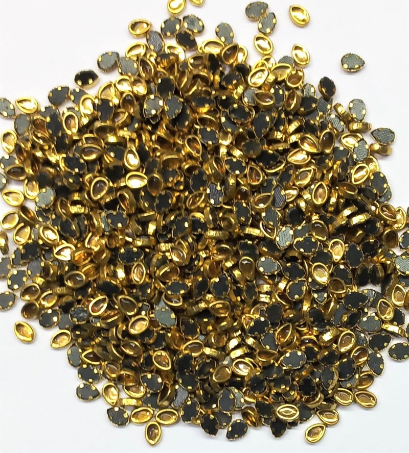 OMX 700 PC, Kundan Stones Beads Flat Back Glue On Rhinestones for Jewellery Making & Embroidery Tear Drop Shape- 6X4 MM (Golden Colour), 100 Gram - Image 1