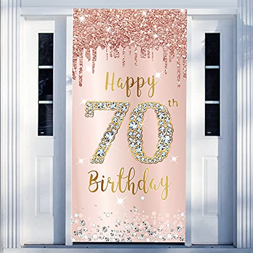 Excelloon 70th Birthday Door Banner Decorations for Women Pink Rose Gold Happy 70th Birthday Door Cover Backdrop Party Supplies Large Seventy Year Old Birthday Poster Sign Decor - Image 1
