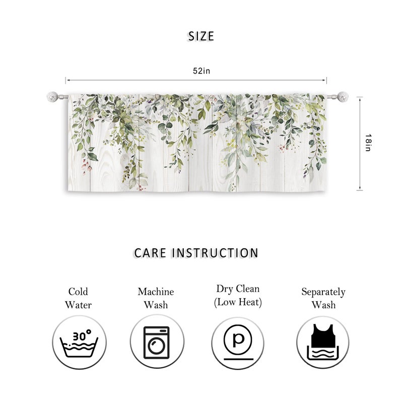 Riyidecor Green Eucalyptus Valances Curtains Watercolor Floral Plants Leaves on The Top Botanical Farmhouse Wood Plank Rod Pocket for Women Bedroom Living Room Treatment Fabric 1 Panel 52Wx18H Inch - Image 2