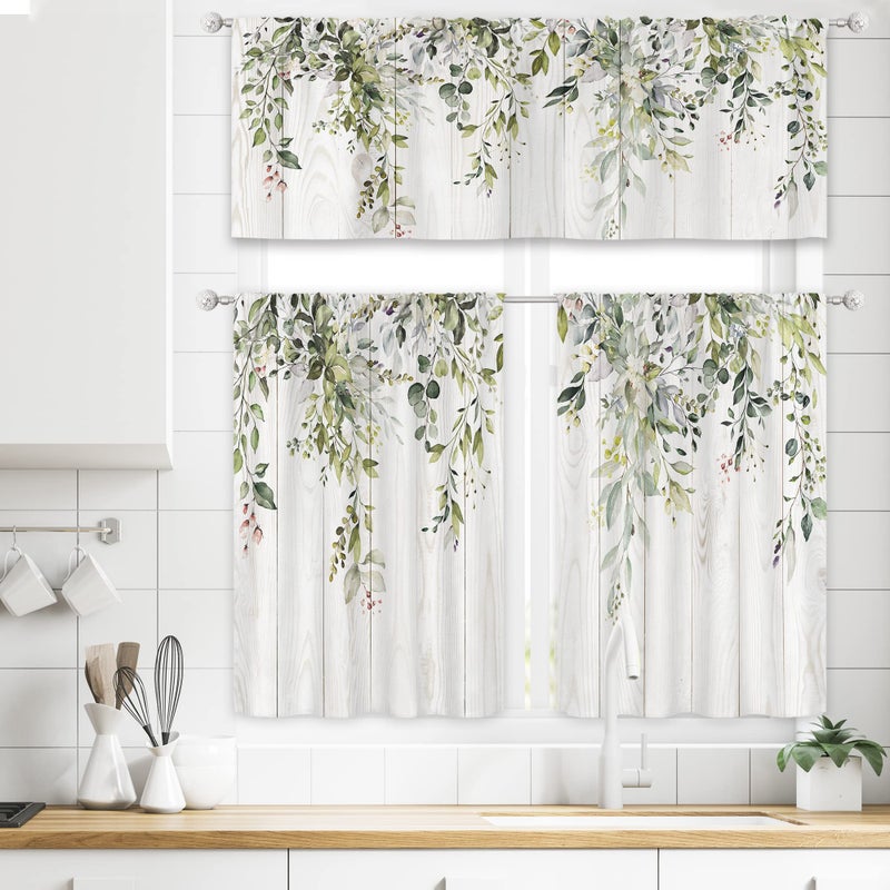 Riyidecor Green Eucalyptus Valances Curtains Watercolor Floral Plants Leaves on The Top Botanical Farmhouse Wood Plank Rod Pocket for Women Bedroom Living Room Treatment Fabric 1 Panel 52Wx18H Inch - Image 5