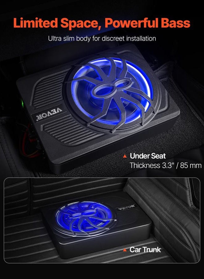 VEVOR 10" 440W Underseat Car Subwoofer, Slim Powered Car Subwoofers with Blue Ambient Light, Low Profile Audio Sub Under The Seat with Built-in Amplifier, Remote Controller for SUVs, Car, Truck, RV - Image 2