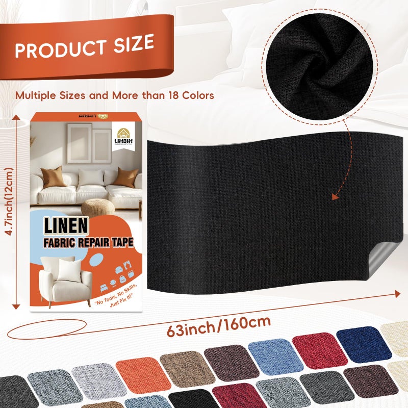 LIHBIH Linen Fabric Repair Tape 4.7x63 Inch, Self Adhesive Couch Patch Repair Fabric Tape for Furniture, Linen Patch Kit for Couch, Carpet, Upholstery, Chair, Sofa, Cushion, Bag (Black) - Image 2