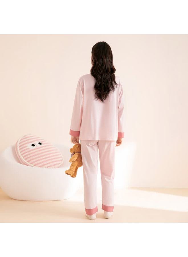 Fentengcare Women's Cotton Soft Pajamas Spring Autumn V-neck Cartoon Print Cardigan Homewear Set - Image 3