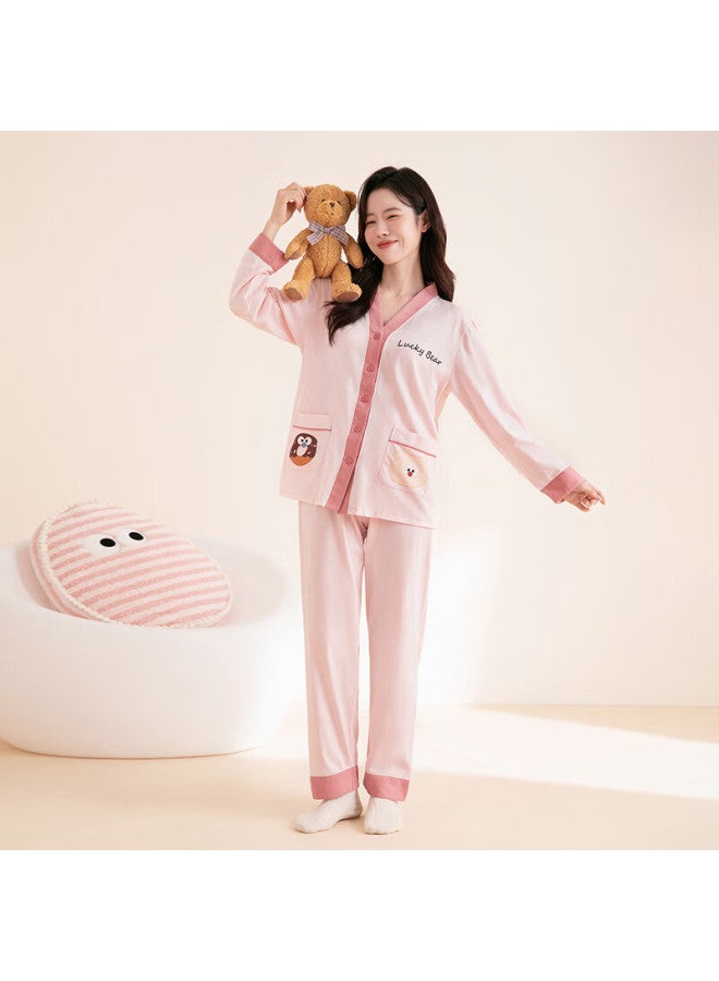 Fentengcare Women's Cotton Soft Pajamas Spring Autumn V-neck Cartoon Print Cardigan Homewear Set - Image 2