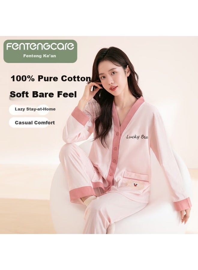 Fentengcare Women's Cotton Soft Pajamas Spring Autumn V-neck Cartoon Print Cardigan Homewear Set - Image 1