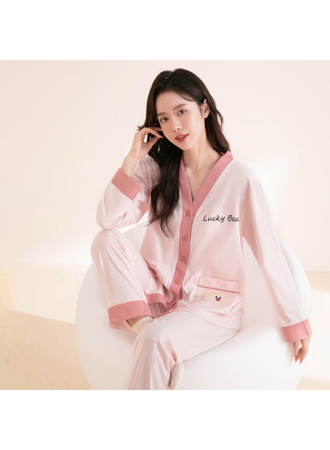 Fentengcare Women's Cotton Soft Pajamas Spring Autumn V-neck Cartoon Print Cardigan Homewear Set - Image 4