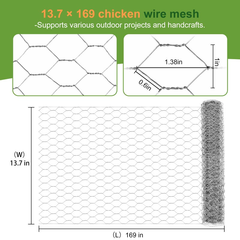 HANWRAPS Chicken Wire Mesh,13.7"Ã—169" Poultry Wire Netting,1" Hole Size Hexagonal Galvanized Chicken Wire Mesh Fencing,Outdoor Anti-Rust Garden Animal Barrier Fence for Chicken Coop Barrier Rabbit Cage - Image 2