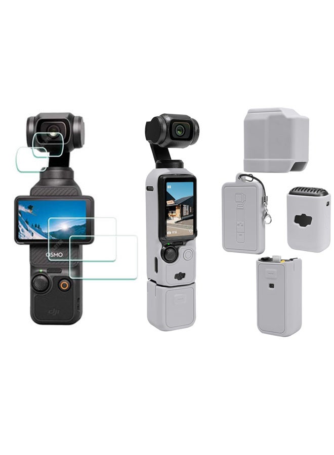 DJI OSMO Pocket 3 Accessory Kit, Silicone Protective Case Cover, Tempered Glass Screen Protector, Lens Protector (Grey)