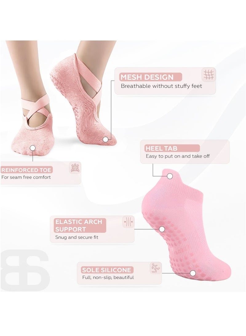 GIFT 6 Pairs Non-Slip Yoga Socks Set For Women 2 Designed 3 Colors, Barre Elastic Workout Pilates Yoga Socks For Yoga Sports Gym Home Barefoot Exercises Dance Ballet - Image 2