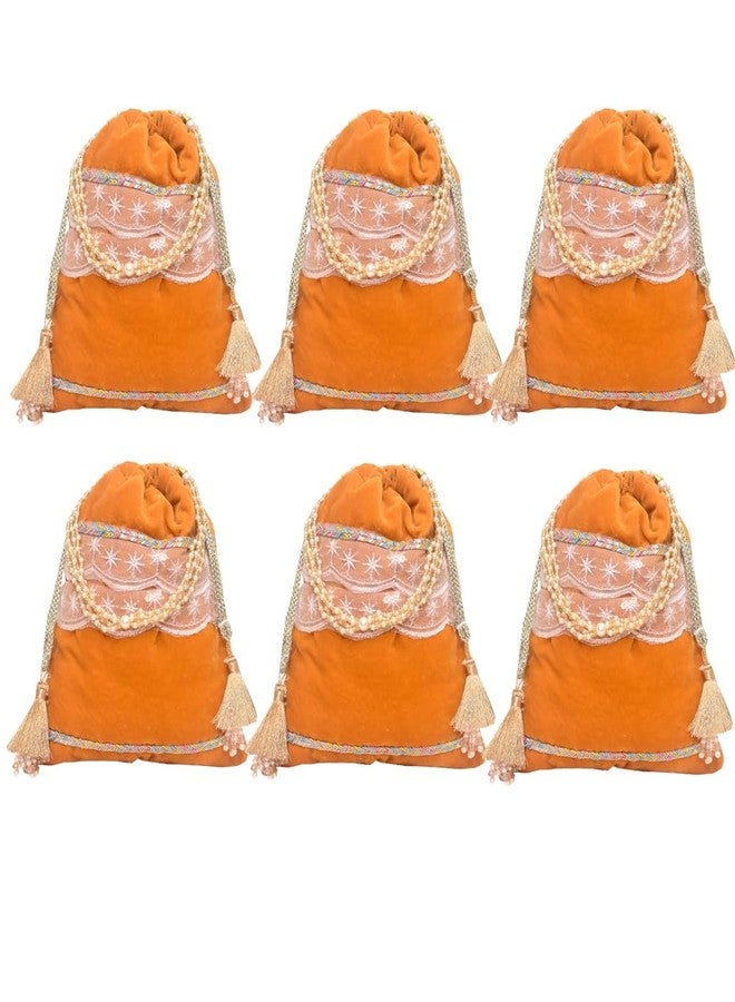 Dulhan Velvet Potli Bag with Pearl Handle | Sequin Tissue Lace Zari Tassels and Resham Dori | Dark Yellow Soft Padded Wedding Shagun Pouch for Return Gifts, Wedding, Winter and Festive Use-pack of 6 - Image 1