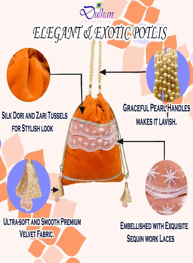 Dulhan Velvet Potli Bag with Pearl Handle | Sequin Tissue Lace Zari Tassels and Resham Dori | Dark Yellow Soft Padded Wedding Shagun Pouch for Return Gifts, Wedding, Winter and Festive Use-pack of 6 - Image 4