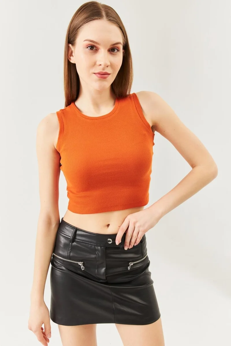 Butikgiz Tile Stripe Sleeve Crew Neck Fitted 100% Cotton Camisole Flexible Crop Blouse