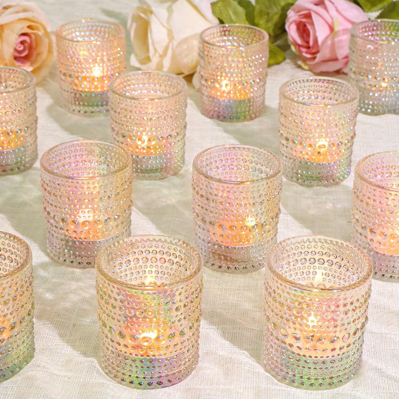 SUPMIND 24 Pcs Votive Candle Holders, Glass Holders Bulk for Table Centerpiece, Tea Lights Candle Holders for Wedding Shower, Party and Home Decor Iridescent - Image 1