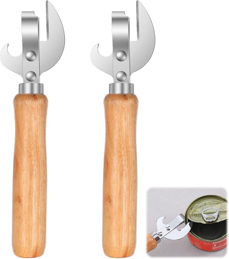 Xosjska Japanese Can Opener Manual, 2 Pcs Stainless Steel Old Fashioned Can Opener Vintage Style Wooden Handle Side Cut Bottle Openers Manual for Restaurant Kitchen Camping Home, Efficient & Practical - Image 1