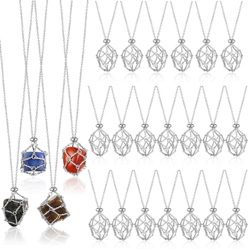Landical 24 Pcs Crystal Necklace Holder Crystal Adjustable Empty Stone Holder Metal Stainless Steel Boho Cage Interchangeable Gemstone Jewelry Gift DIY Pendant Net for Women MenSilver - Image 1