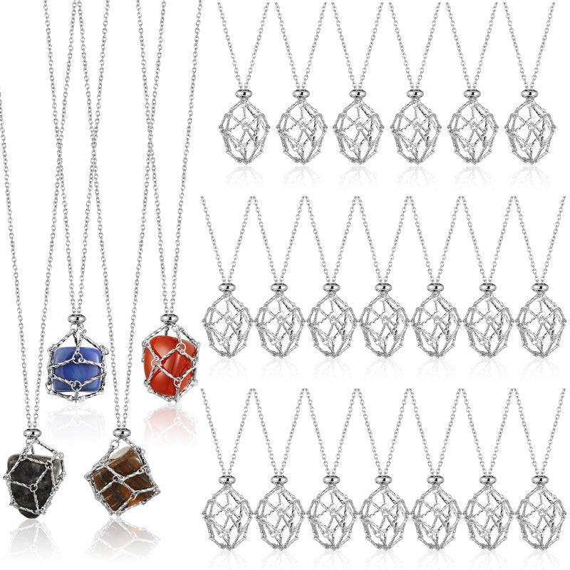Landical 24 Pcs Crystal Necklace Holder Crystal Adjustable Empty Stone Holder Metal Stainless Steel Boho Cage Interchangeable Gemstone Jewelry Gift DIY Pendant Net for Women MenSilver - Image 2