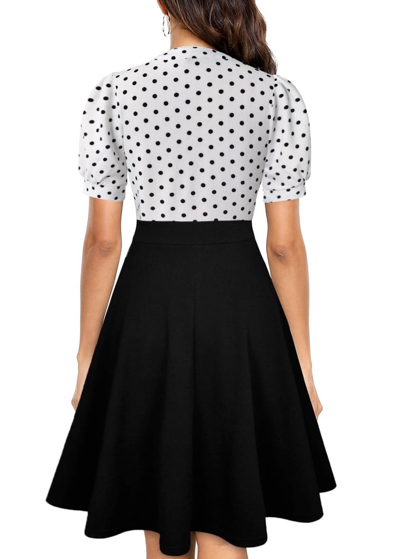 Mokayee Church Dresses for Women 2026 Short Puff Sleeve V Neck Color Block A Line Fit and Flare Swing Cocktail Modest Teacher Dinner Business Casual Work Ladies Dresses S - Image 2