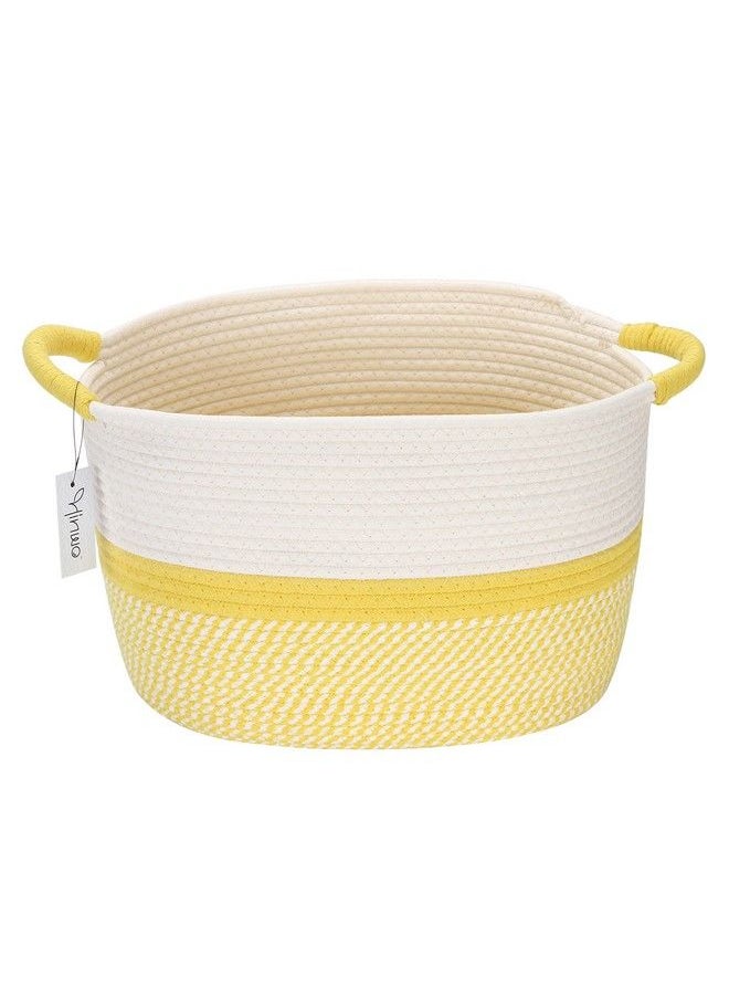 Hinwo Oval Cotton Rope Storage Basket Collapsible Nursery Storage Box Container Organizer With Handles 13 X 10 Inches Off White And Yellow  - Image 2