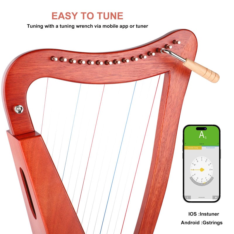 BGMUSER Harp Instrument 15 Strings Professional Lyre Harp with International Standard Nylon strings Mahogany Bag/Strap/Tuning-Wrench for Beginner Musician - Image 5