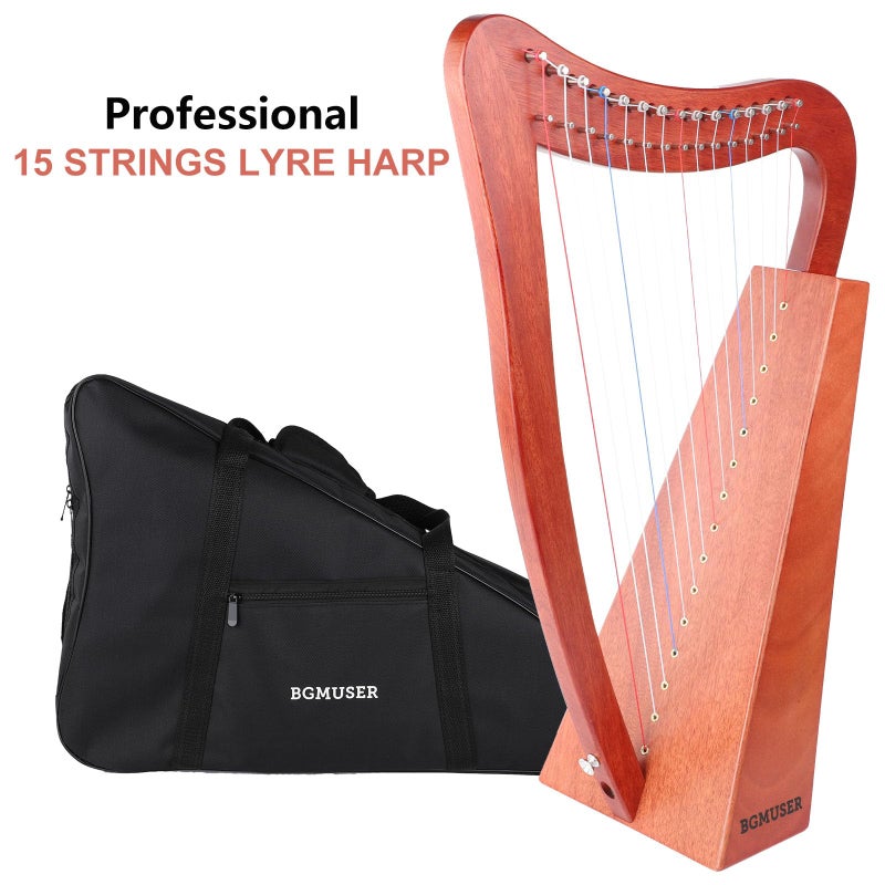 BGMUSER Harp Instrument 15 Strings Professional Lyre Harp with International Standard Nylon strings Mahogany Bag/Strap/Tuning-Wrench for Beginner Musician - Image 2