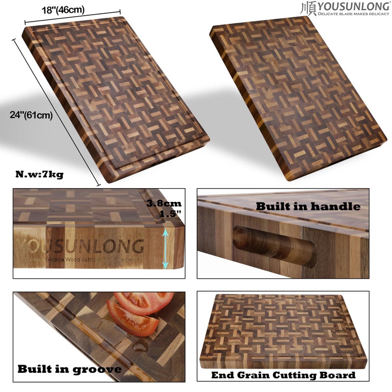 YOUSUNLONG Cutting Board XXL Large End Grain Acacia Wood Mixed With Oak - 24x18x1.5 Inch - Reversible Butcher Chopping Board With Deep Juice Groove And Handle - Cheese Board & Cooktop Board - Image 2
