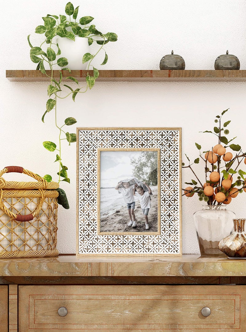 Afuly 5x7 Picture Frame Boho Picture Frames 3D Cross Pattern Distressed Moroccan Photo Frame Wall Desk Bohemia Home Office Decor Wedding Birthday Gifts for Mom Woman Grandma - Image 4