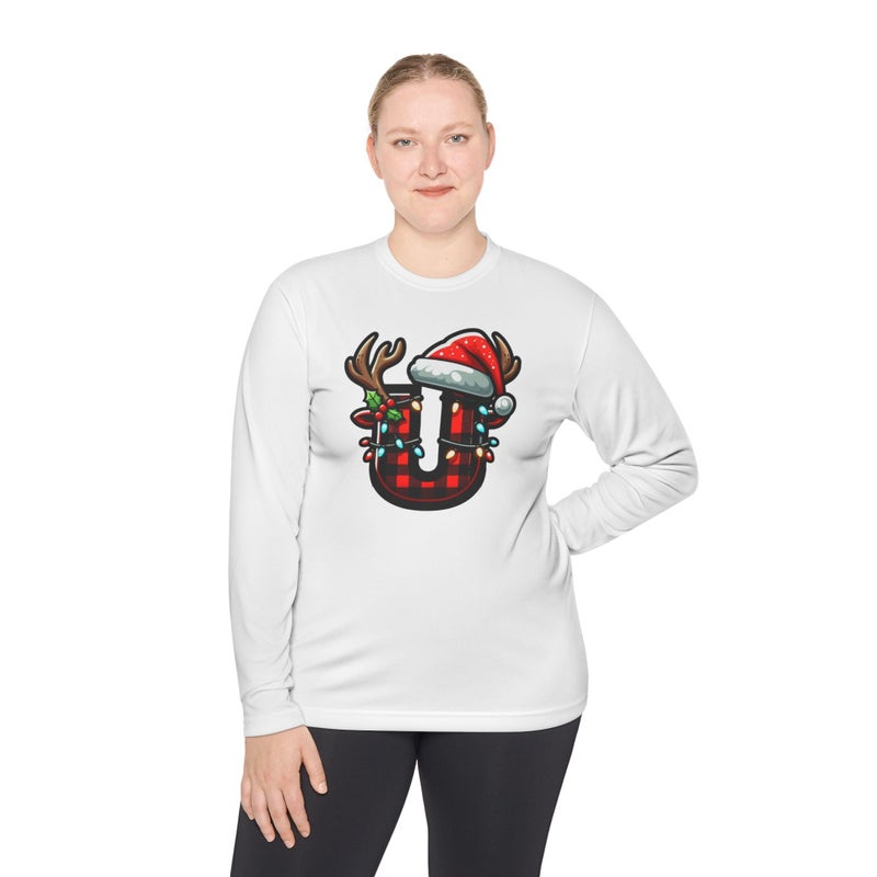 Christmas design with the first letter of name Merry Christmas Festive HolidayT-Shirt White Long Sleeve T-Shirt U Shape Christmas Hat (White, XX Large) Tee-66 (White, X Large) - Image 1