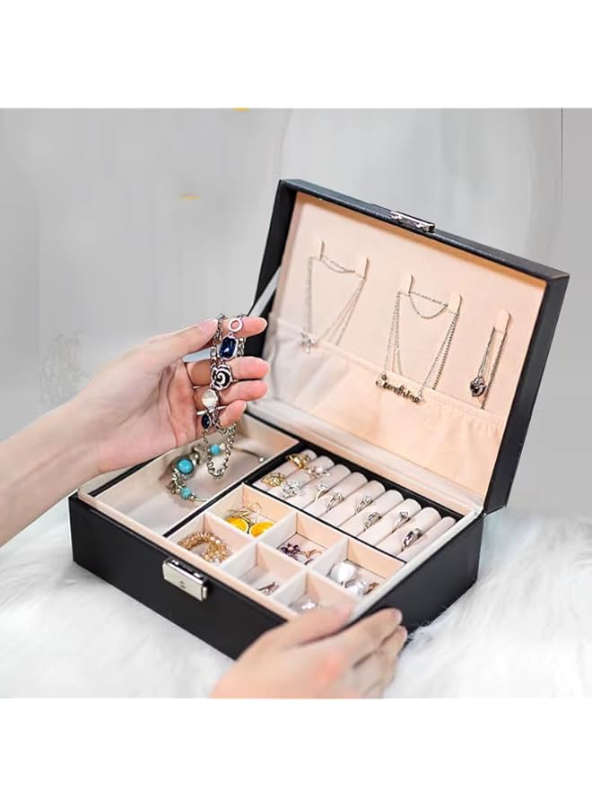 The Bros Large Jewellery Box Organiser with 2 Layers, Display Storage Case, PU Leather, Removable Tray, Partitions for Necklaces, Earrings, Bracelets, Rings (Black) - Image 4