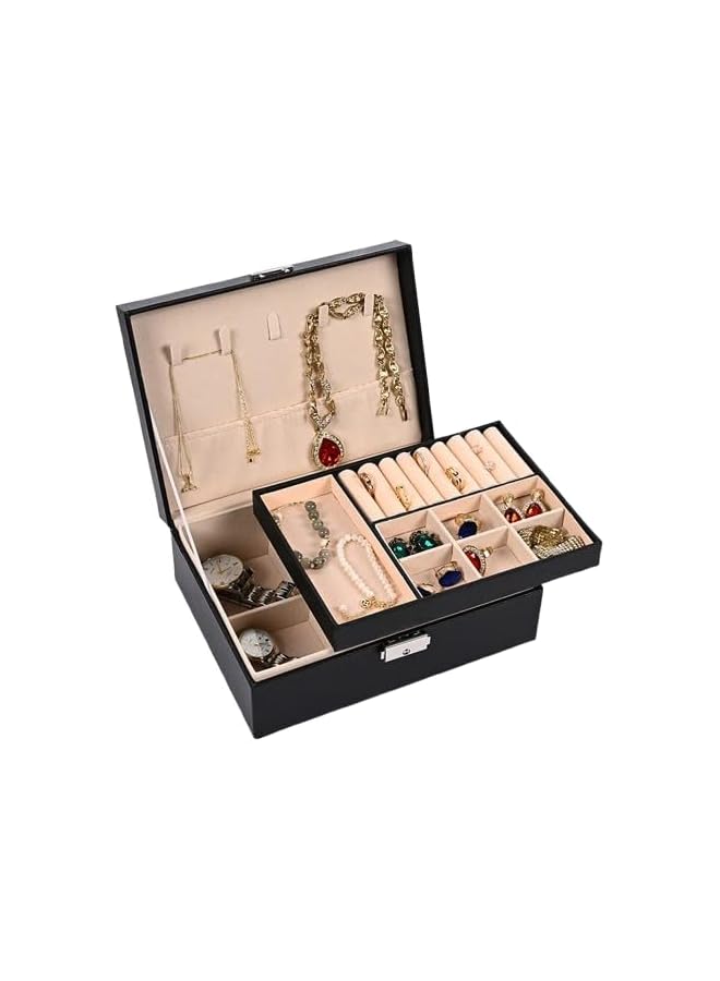 The Bros Large Jewellery Box Organiser with 2 Layers, Display Storage Case, PU Leather, Removable Tray, Partitions for Necklaces, Earrings, Bracelets, Rings (Black) - Image 1