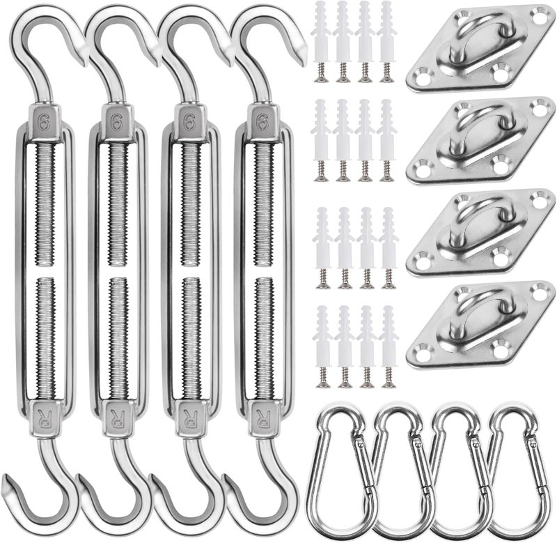 YOFIT 44 Pcs Shade Sail Hardware Kit, 6 Inch Outdoor Sun Sail Accessories, 304 Stainless Steel Turnbuckles & Brackets for Triangle/Rectangle Sails, Patio Canopy Installation Hardware Set Waterproof - Image 1