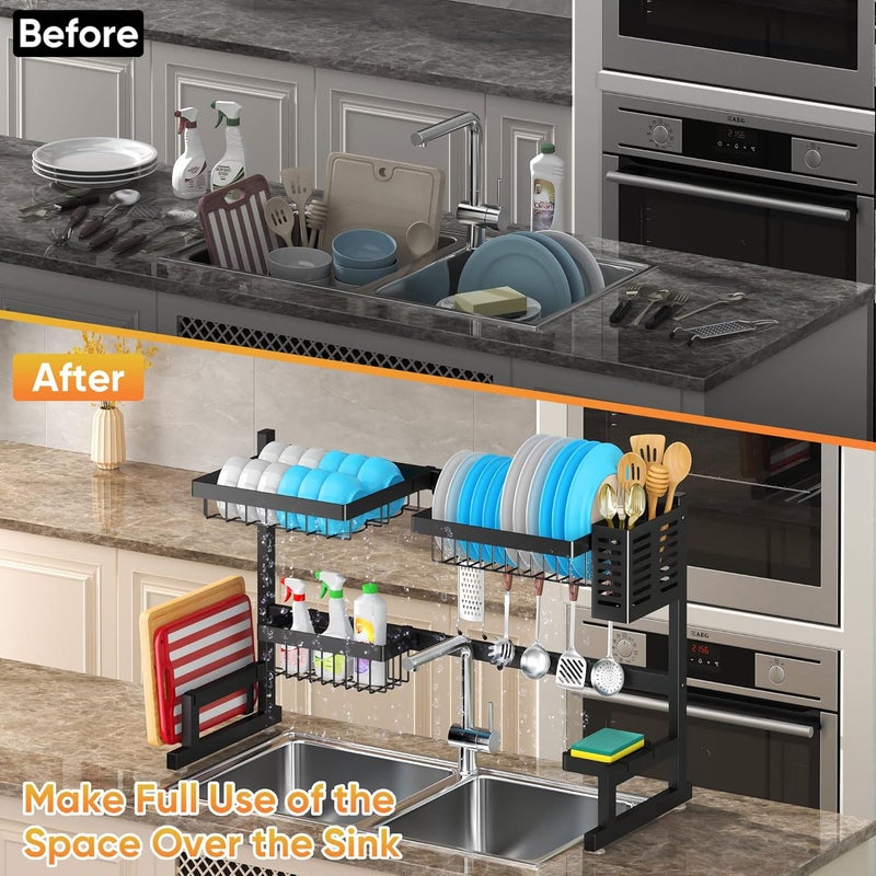 Pusdon Over Sink(24"-40") Dish Drying Rack, Adjustable Cutlery Holders Drainer Shelf for Kitchen Supplies Storage Counter Organizer Stainless Steel Display- Space Save Must Have (24≤Sink Size≤40inch, black) - Image 2