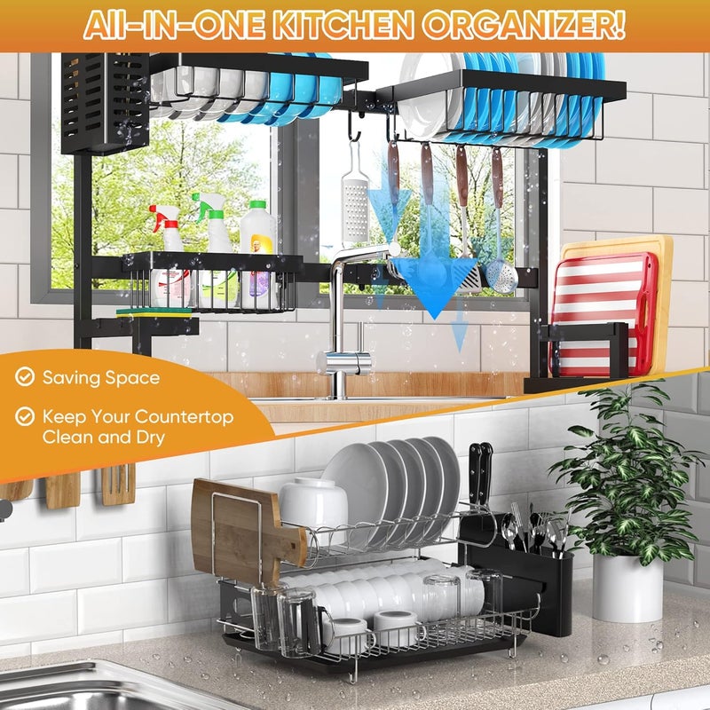 Pusdon Over Sink(24"-40") Dish Drying Rack, Adjustable Cutlery Holders Drainer Shelf for Kitchen Supplies Storage Counter Organizer Stainless Steel Display- Space Save Must Have (24≤Sink Size≤40inch, black) - Image 3