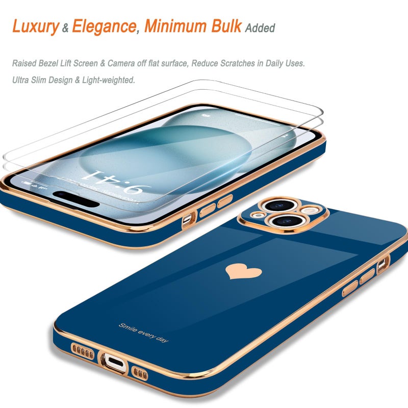Teageo for iPhone 15 Case with Screen Protector [2 Pack] for Girl Women Cute Girly Love-Heart Luxury Gold Soft Cover Camera Protection Bumper Silicone Shockproof Phone Case for iPhone 15, Royal Blue - Image 3