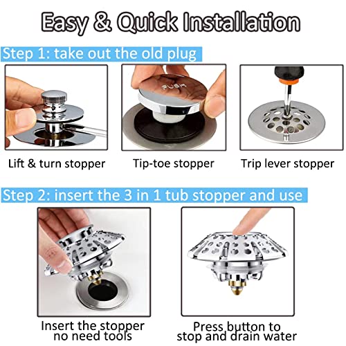 AzWzz Universal Tub Stopper Bathtub Drain Plug, Pop Up Tub Drain Hair Catcher, Drain Cover with Strainer, for 1-3/8 to 2in Bath Drain Hole - Image 3