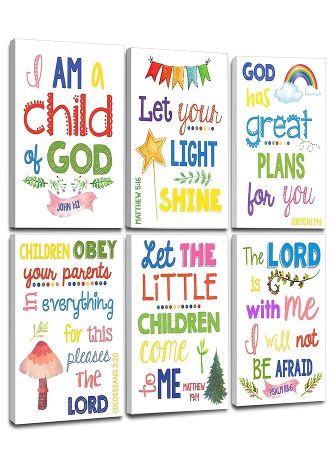 WALTSOM Sunday School Decorations for Classroom, Framed Bible Verse Wall Decor for Kids Room, Christian Religious Wall Art Canvas for Nursery Playroom Bedroom (Set of 6, 8X10in, Framed) - Image 1