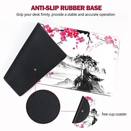 AIMSA Extended Gaming Mouse Pad, XL Large Keyboard Mouse Mat Desk Pad with Stitched Edges, Durable Non-Slip Base Landscape Mousepad for Home Office, Mountain Sakura Ink Painting - Image 3