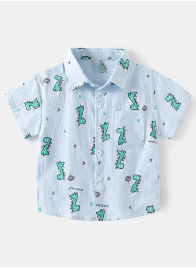يونيكي Blue Collared Short Sleeve Printed Shirt