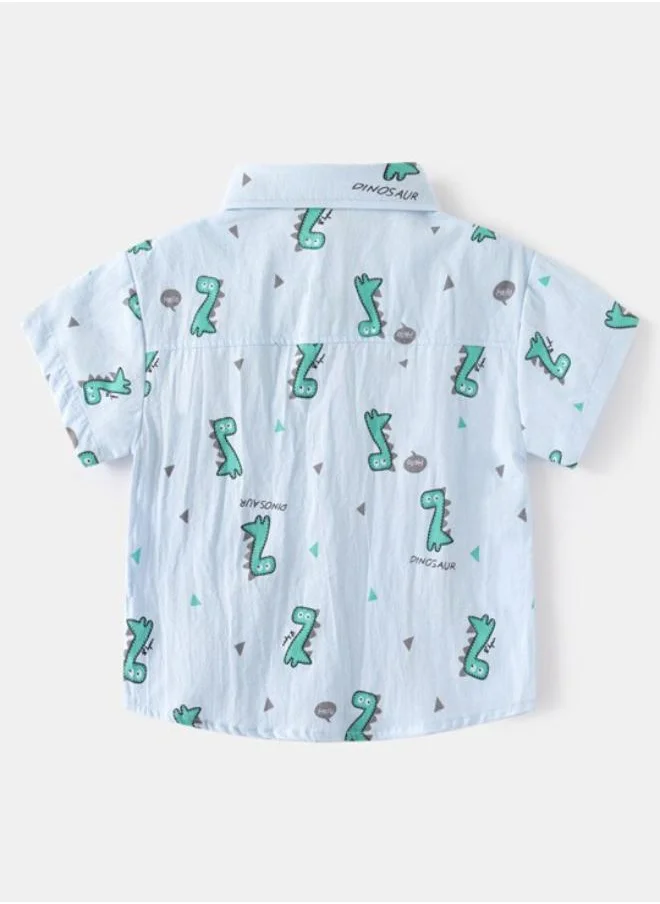 يونيكي Blue Collared Short Sleeve Printed Shirt