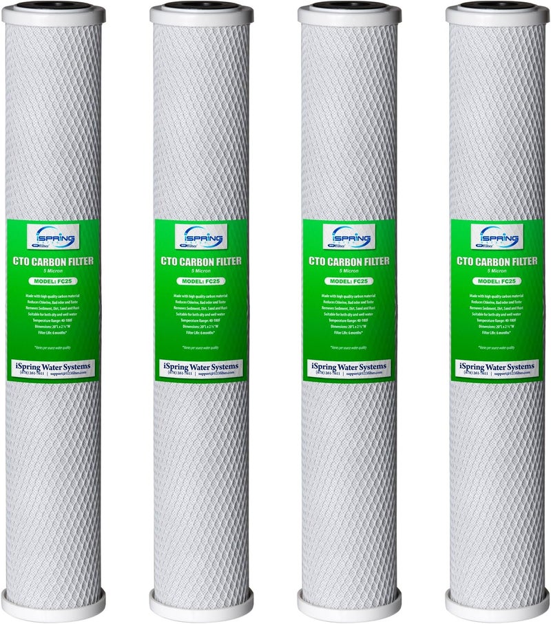 iSpring iSpring FC25X4 High Capacity 20 x 25 Water Filter Replacement Cartridges  CTO Carbon Block  Fits WCB32C WCB32O  RCB3P  Pack of 4  - Image 1