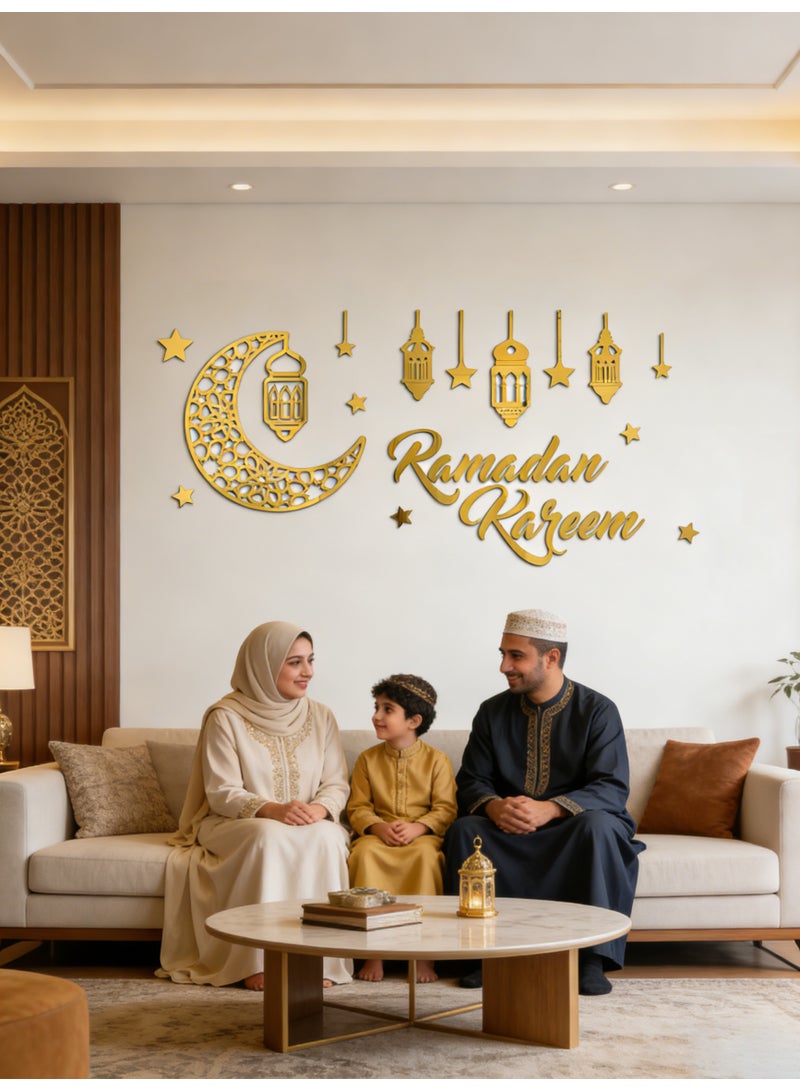 YQbest 3D Stereo Ramadan Kareem Crescent Acrylic Mirror Sticker, Gold 42x87cm - Festive Decoration for Home Wall/Door/Window, Holiday Ornament - Image 1