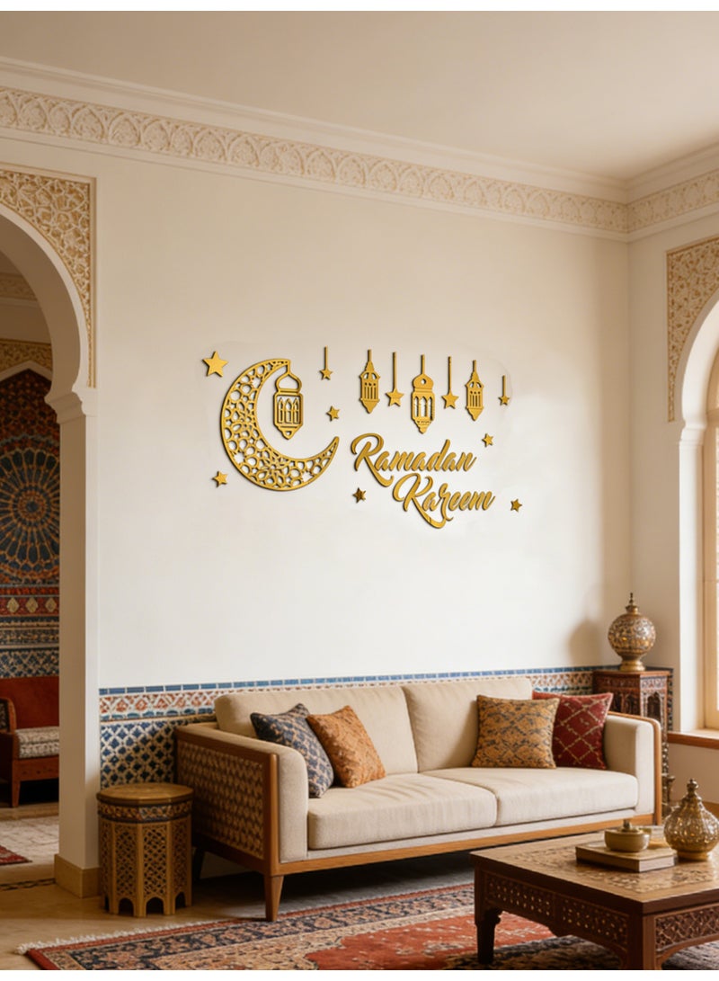 YQbest 3D Stereo Ramadan Kareem Crescent Acrylic Mirror Sticker, Gold 42x87cm - Festive Decoration for Home Wall/Door/Window, Holiday Ornament - Image 2
