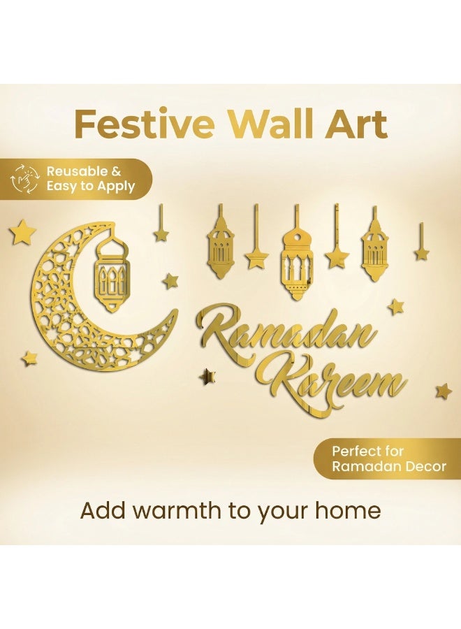 YQbest 3D Stereo Ramadan Kareem Crescent Acrylic Mirror Sticker, Gold 42x87cm - Festive Decoration for Home Wall/Door/Window, Holiday Ornament - Image 4
