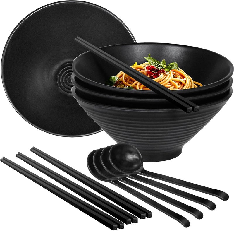 Greentainer Set of 4 Ramen Bowl Set Melamine Large Japanese Style Noodle Soup Bowls Set with Spoons and Chopsticks for Ramen Pho Noodles Asian Dishes BlackLarge Bowl for Adults Dishwasher Safe Black 87in - Image 1