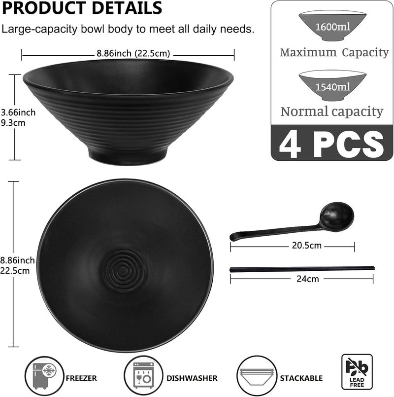 Greentainer Set of 4 Ramen Bowl Set Melamine Large Japanese Style Noodle Soup Bowls Set with Spoons and Chopsticks for Ramen Pho Noodles Asian Dishes BlackLarge Bowl for Adults Dishwasher Safe Black 87in - Image 2
