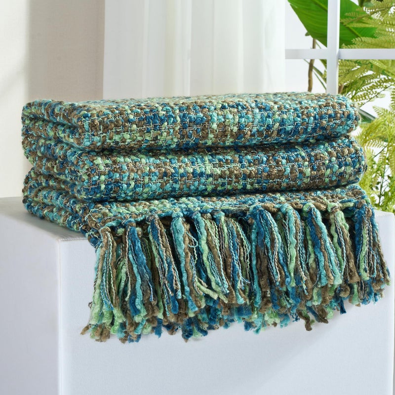 GINAMUSE Multi-Color Green Cable Woven Throw Blanket for Couch,50"X60" Boho Style Textured Blankets for Home Decor,Super Soft Warm Cozy Chunky Blanket with Decorative Tassels for Bed and Sofa - Image 1