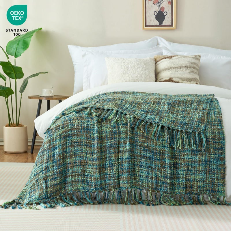 GINAMUSE Multi-Color Green Cable Woven Throw Blanket for Couch,50"X60" Boho Style Textured Blankets for Home Decor,Super Soft Warm Cozy Chunky Blanket with Decorative Tassels for Bed and Sofa - Image 2