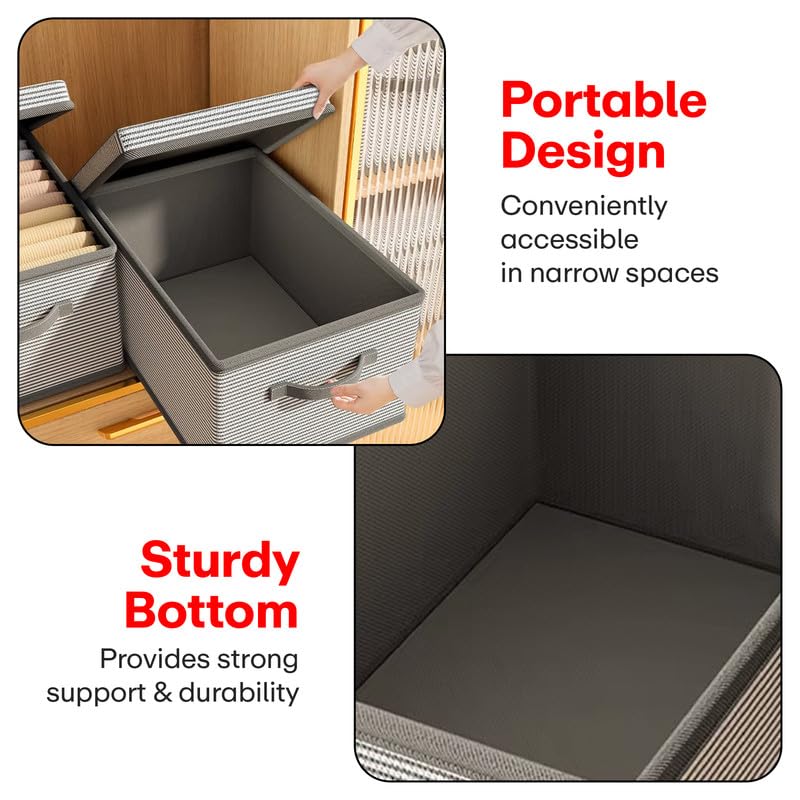 Prime Pick Premium Storage Box Foldable Non Woven Cloth Organizer with Lid Reinforced Handles Washable Wardrobe Storage Bin for Clothes Almirah Drawer Grey XXL Size Pack of 2 - Image 4