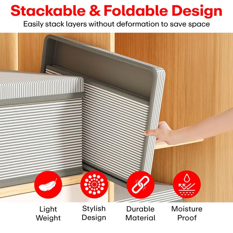 Prime Pick Premium Storage Box Foldable Non Woven Cloth Organizer with Lid Reinforced Handles Washable Wardrobe Storage Bin for Clothes Almirah Drawer Grey XXL Size Pack of 2 - Image 5